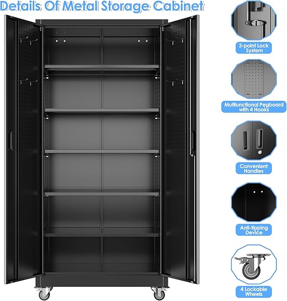 71″ H × 34″ W × 18″ D black metal storage cabinet on wheels
