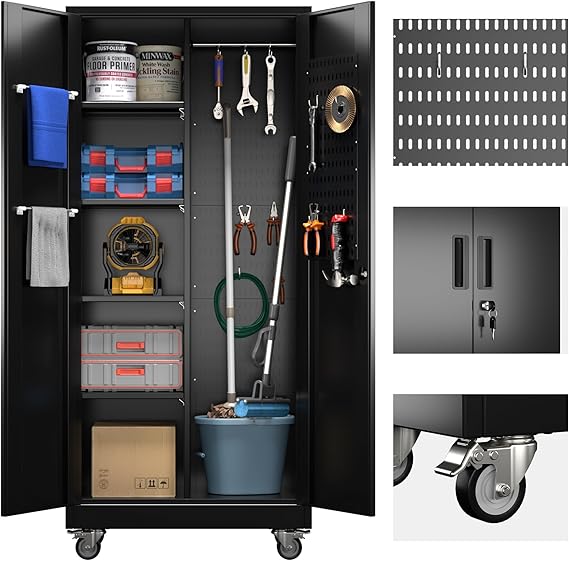 Broom Closet Storage Cabinet with Wheels and Pegboard,