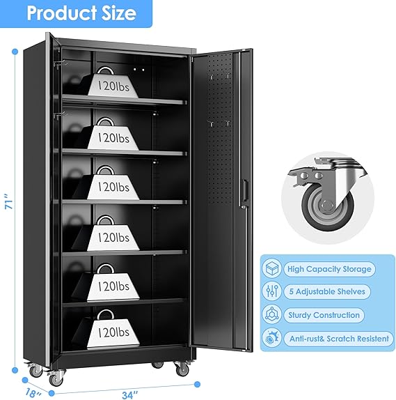 71″ H × 34″ W × 18″ D black metal storage cabinet on wheels