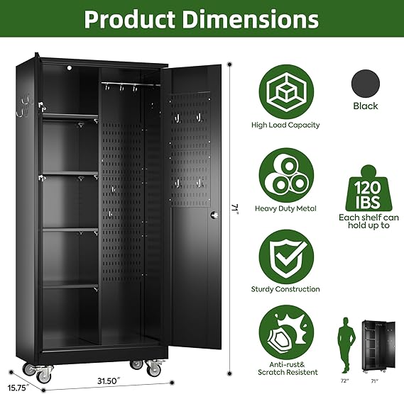Broom Closet Storage Cabinet with Wheels and Pegboard,