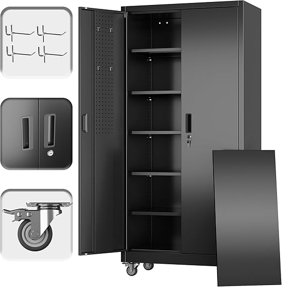 71″ H × 34″ W × 18″ D black metal storage cabinet on wheels